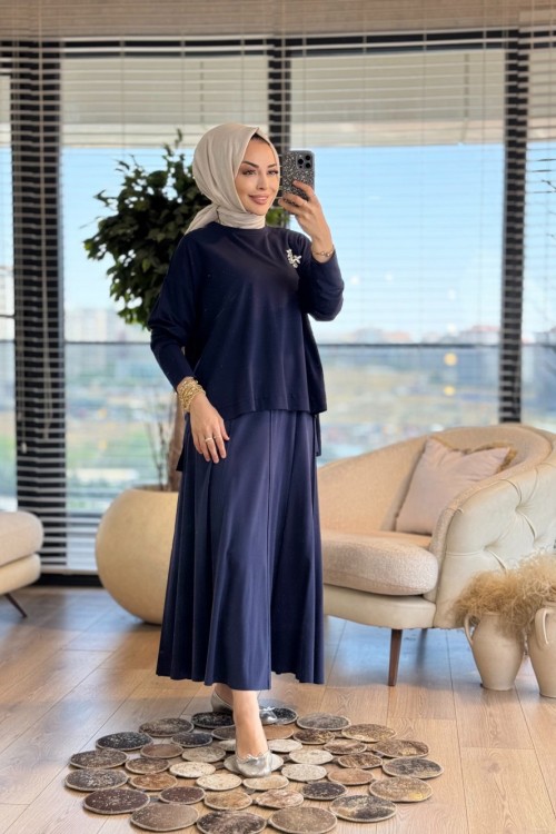 25425 Etegi Dikiş Detaylı Takım Lacivert