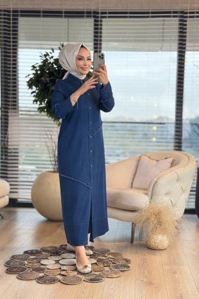 2544 Tencel Önü Parçalı Pardesü Lacivert