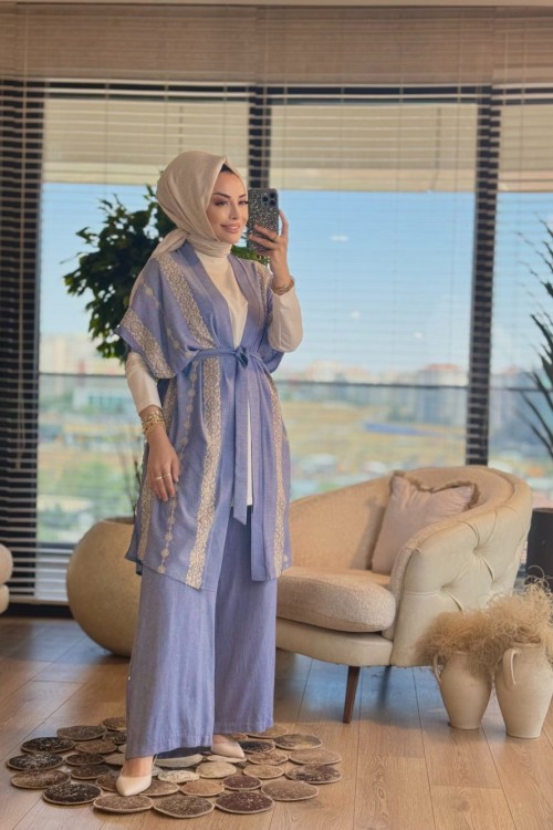25604 Üstü Motif Nakışlı 3lü Takım İndigo