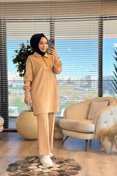 2564 Patı Fermuarlı Polo Yaka Takım Bej