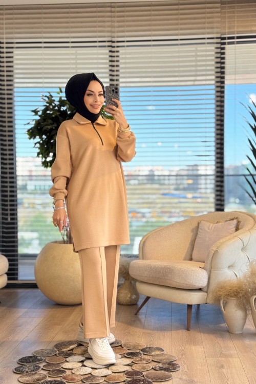 2564 Patı Fermuarlı Polo Yaka Takım Bej