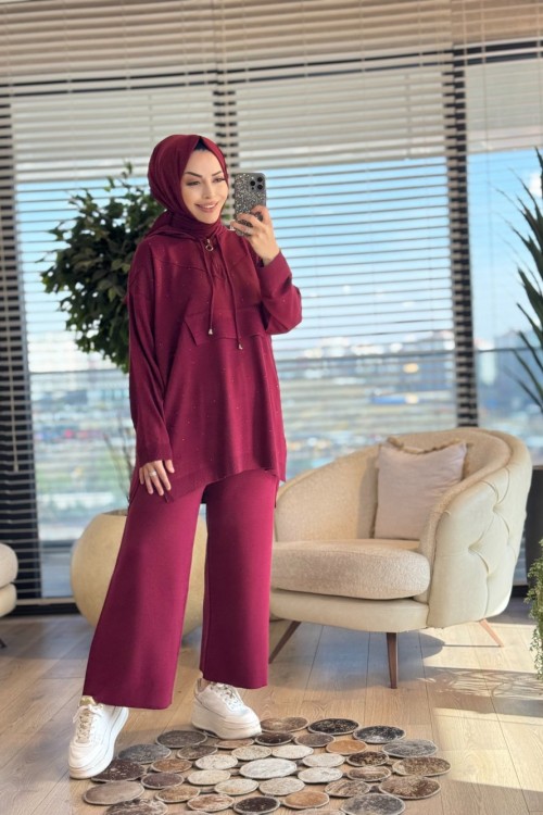 2569 Kanguru Cepli Taş Baskılı Triko Takım Bordo