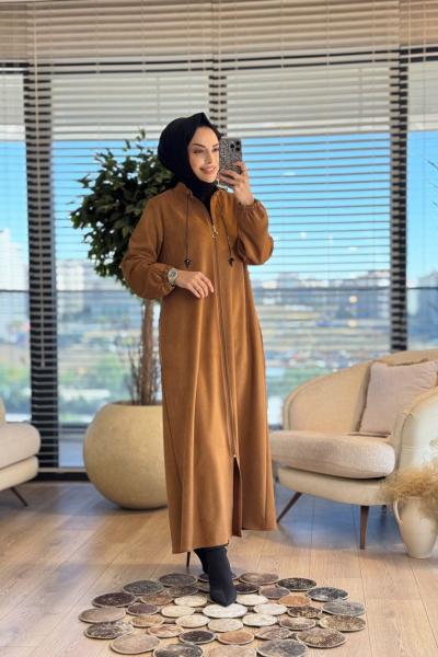 2572 Zincirli Hakim Yaka Süet Pardesü Taba