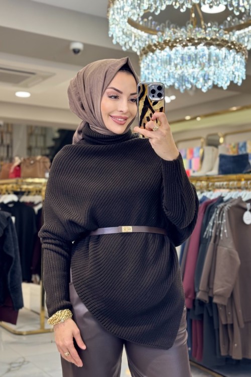 2574 Asimetrik Triko Tunik Kahve