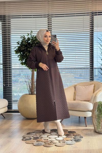 2578 Kraş Kapitoneli Kapşonlu Kaban Kahve