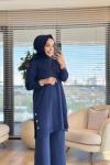 2583 Yanları Düğmeli Triko Takım Lacivert
