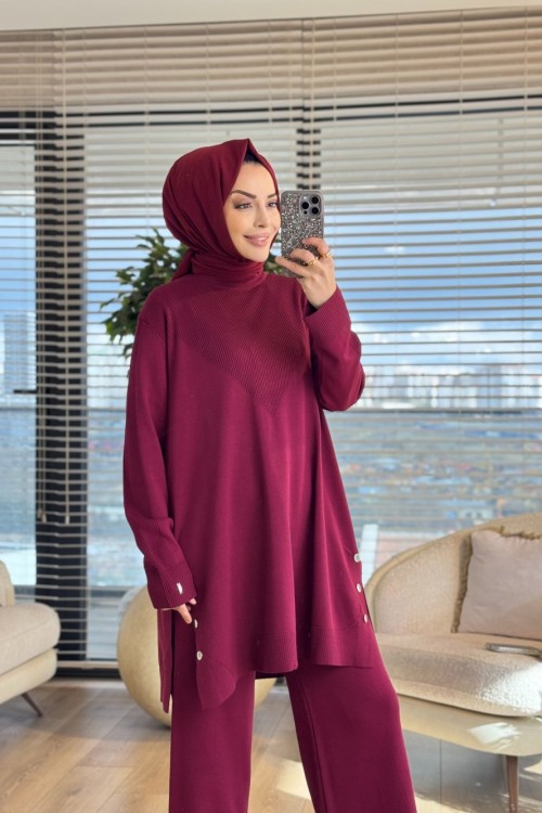 2583 Yanları Düğmeli Triko Takım Bordo