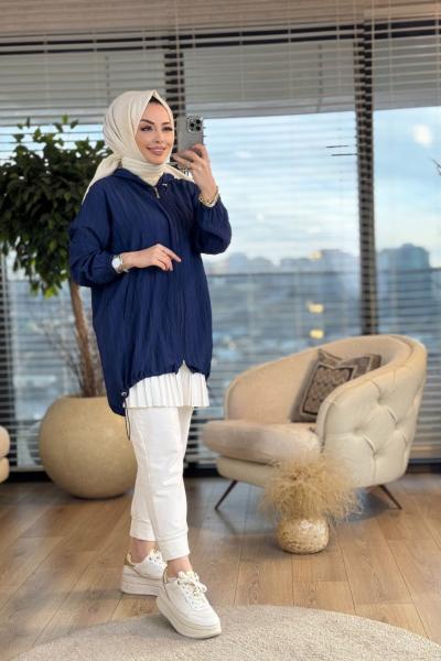 2585 Kendinden Çizgili Kapşonlu Hırka Lacivert