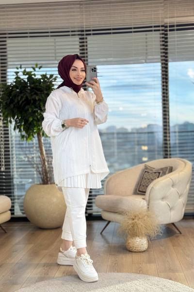 2585 Kendinden Çizgili Kapşonlu Hırka Ekru