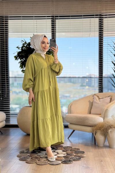 25EL463 V Yaka Düğmeli Düz Elbise Yağ Yeşili