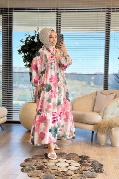 25EL481 Batik Yaprak Desenli Elbise Yeşil Fuşya