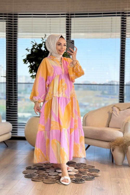 25EL490-1 Batik Desenli V Yaka Elbise Oranj Lila