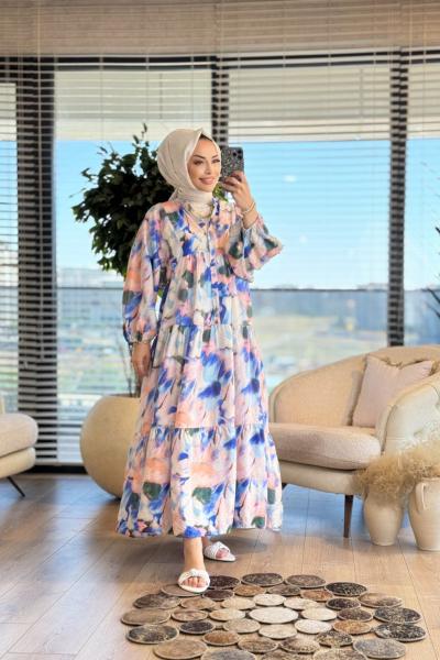 25EL502 Batik Desen V Yaka Düğmeli Elbise Saks