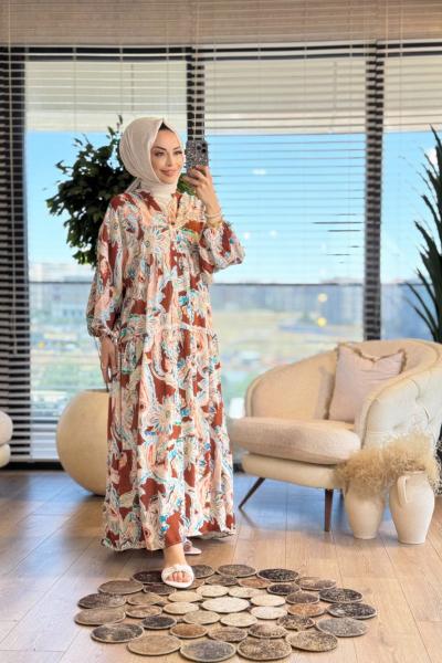25EL510 Güneş Desenli V Yaka Elbise Kahve