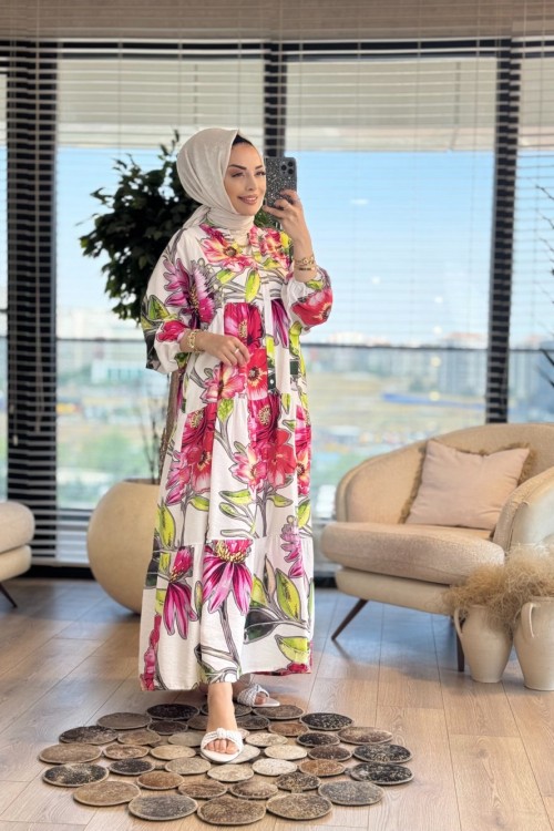 25EL512 Zambak Desenli Elbise Ekru Fuşya