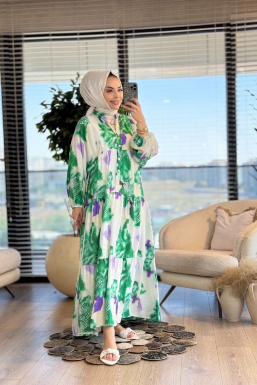 25EL514 Batik Yaprak Desenli V Yaka Elbise Mor Benetton