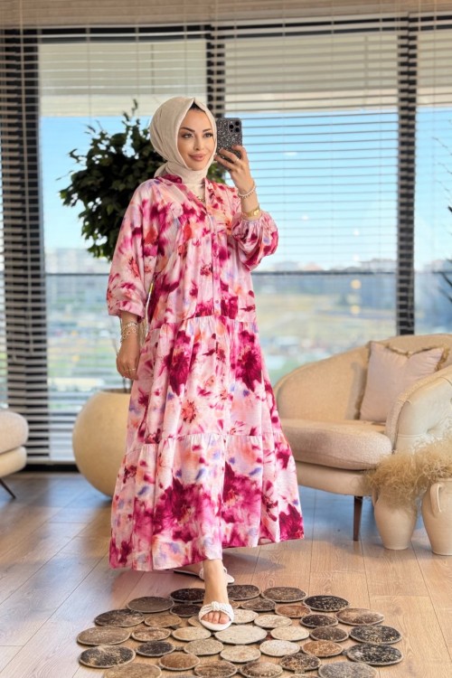 25EL535 Batik Desen V Yaka Düğmeli Elbise Bordo