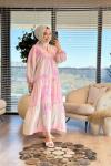 25EL540 Batik Desenli V Yaka Desenli Düğmeli Elbise Pembe