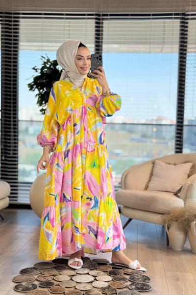 25EL551 Desenli V Yaka Elbise Sarı