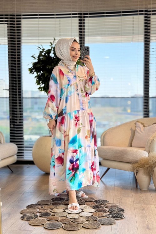 25EL552 Renkli Batik Desen V Yaka Elbise Bej Kiremit