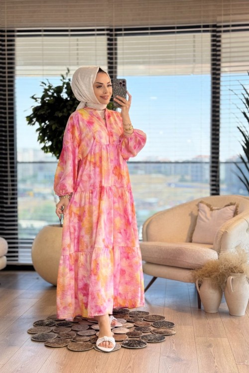 25EL565 Batik Desen V Yaka Elbise Fuşya