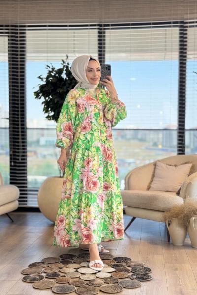 25EL566 Büyük Çiçek Desenli Elbise Yeşil