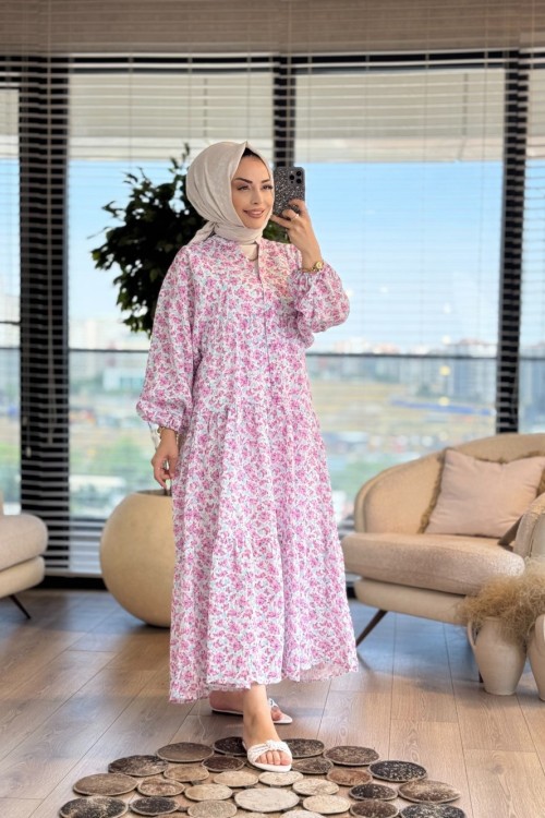 25EL571 Çiçek Desen V Yaka Patı Düğmeli Elbise Fuşya