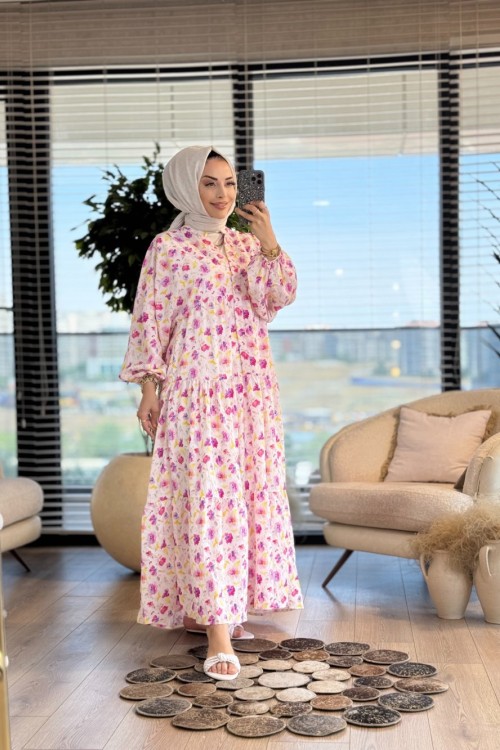 25EL577 Sardunya Çiçek Elbise Fuşya