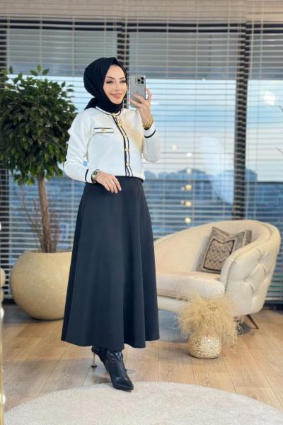 25K1114 Etek Yaka Kol Ucu Çizgili Hırka Ekru