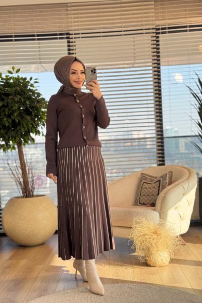 25K1311 Triko Eteği Biyeli Takım Kahve