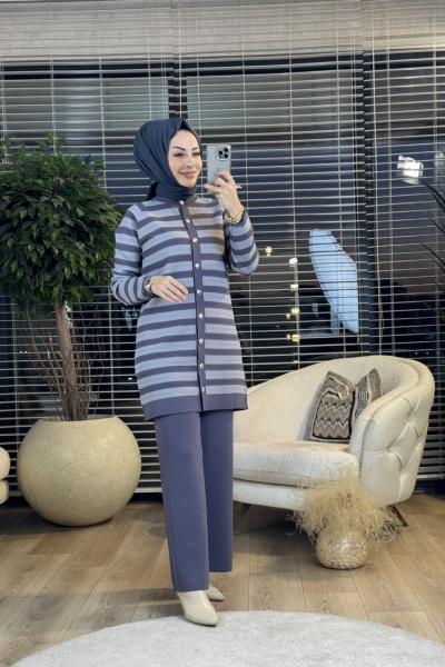 25K1511 Enine Çizgili Triko Pantolonlu Takım Füme