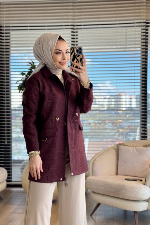 25KT525 Kendinden Desenli Fermuarlı Ceket Vişne
