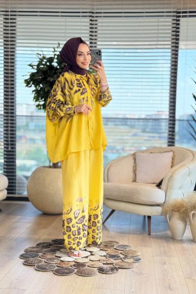 25TK484 Omuz Ve Paçası Leopar Desenli Takım Sarı