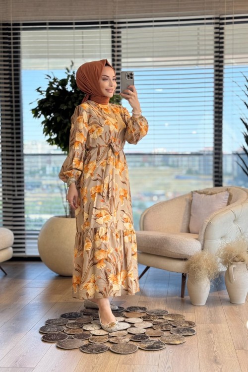 25YT934 Çiçek Desenli Elbise Turuncu