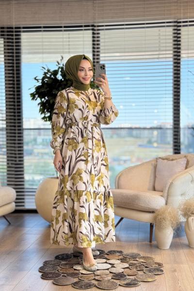 25YT934 Çiçek Desenli Elbise Yağ Yeşili