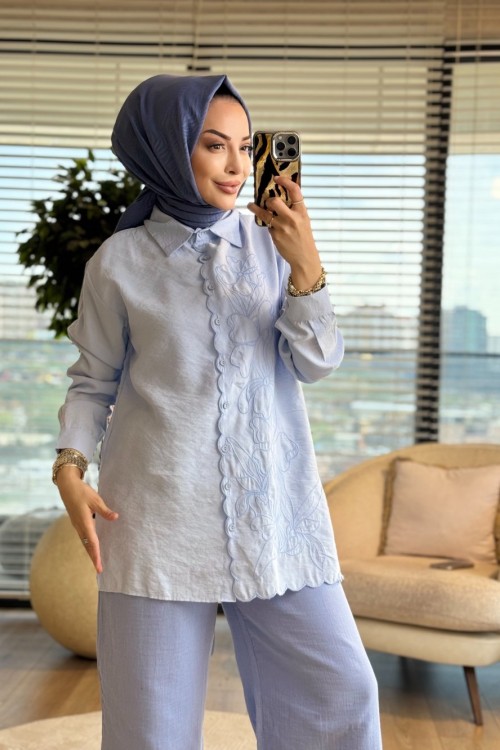 260107 Fırfır Desen Çiçek Nakış İşlemeli Gömlek Mavi