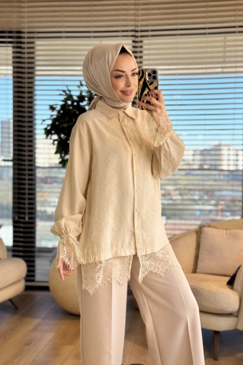 260124 Şık Dantel Detaylı Gömlek Bej
