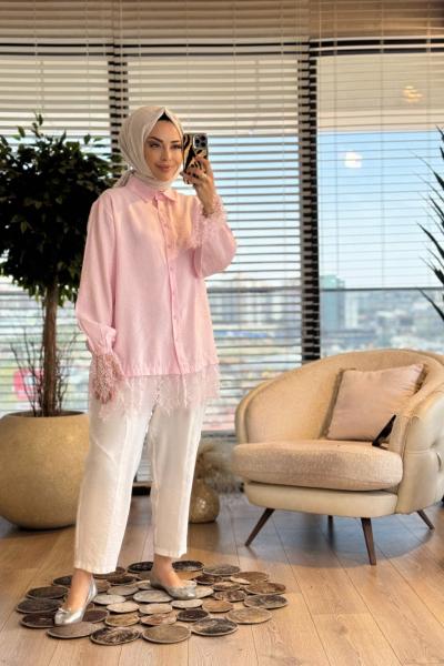 260124 Şık Dantel Detaylı Gömlek Pembe