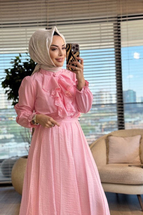 260133 Fırfır Yaka Dantel İşlemeli Gömlek Pembe