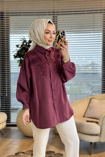 260141 Şık Aplikeli Gömlek Bordo