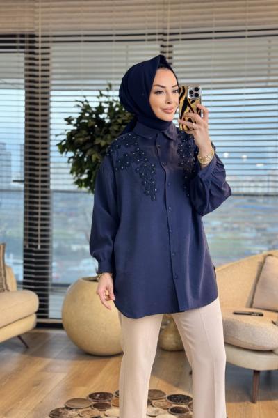 260141 Şık Aplikeli Gömlek Lacivert