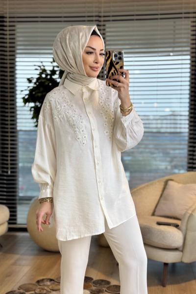 260141 Şık Aplikeli Gömlek Ekru