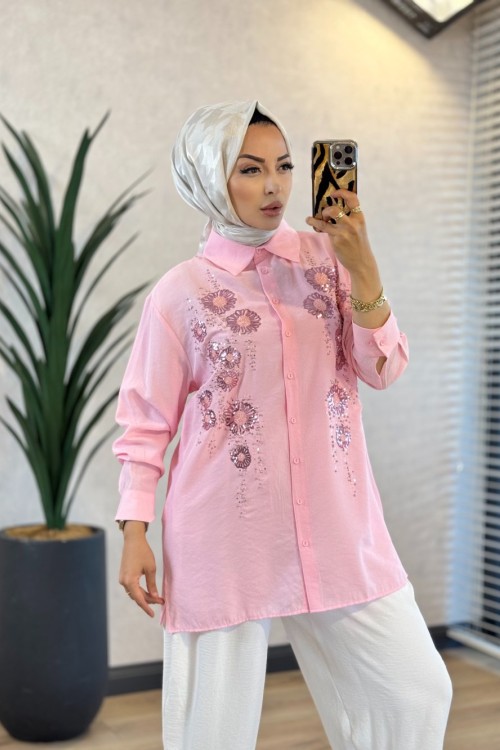 260195 Payet İşlemeli Zarif Gömlek Pembe