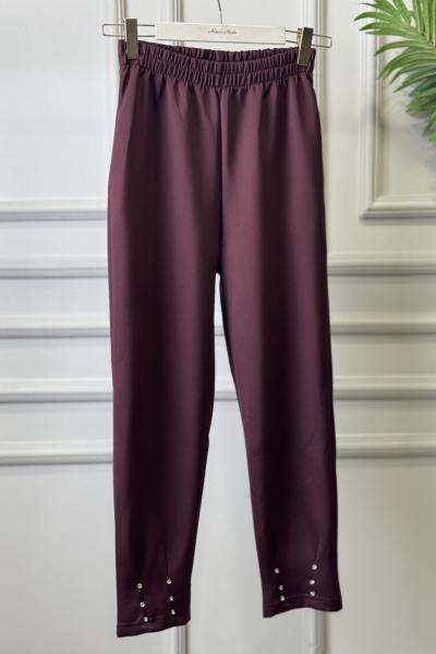 26027 Paçası Taşlı Pantolon Mürdüm