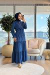 2608 Patı Ve Yakası Fırfırlı Kot Elbise Lacivert