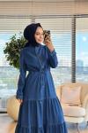 2608 Patı Ve Yakası Fırfırlı Kot Elbise Lacivert