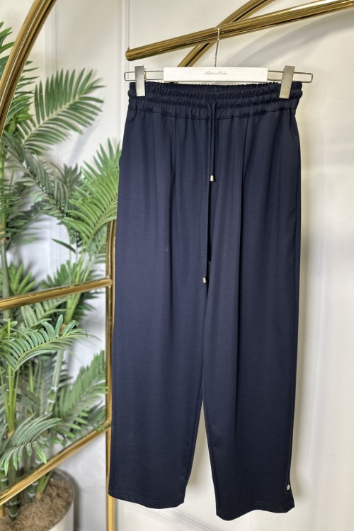 26085 Beli Lastikli Bağcıklı Pantolon Lacivert
