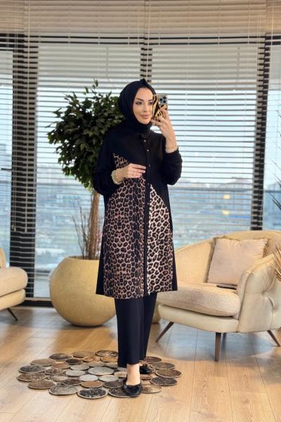 26119 Esra Leopar Takım Siyah Kahve