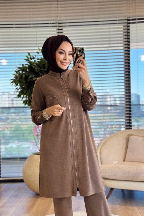 26141 Ön Fermuarlı Midi Boy Pant. Takım Kahve