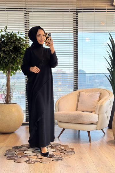 26221 Gamze Nervürlü Elbise Siyah